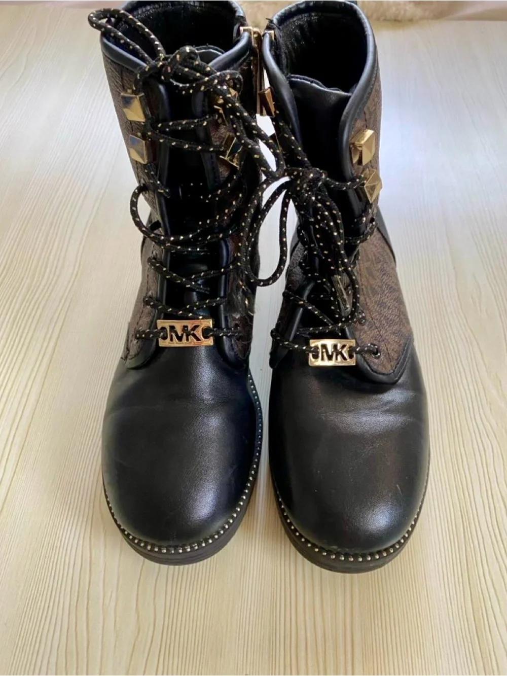 Michael Kors Black and Brown Logo Lace-Up Combat Boots